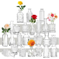 Small Vases Set of 24 Mini Vase Glass Vintage Wedding Crystals Clear Flower Vase Various Sizes Modern Narrow Glass Vases Table Decoration for Flowers Decoration Living Room Bathroom Mother's Day Gift