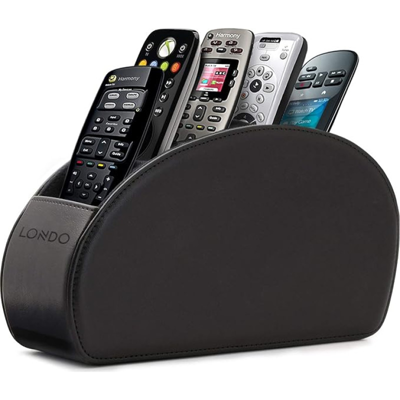 Londo Remote Control Holder with 5 Pockets - Space for DVD, Blu-Ray, TV, Roku or Apple TV Remotes - PU Leather with Suede Lining - Slim & Compact for Storage (Black)