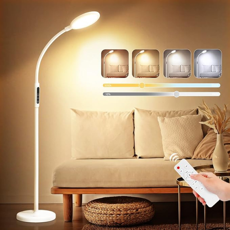 Floor Lamp LED Dimmable, 12 W 2-in-1 LED Floor Lamp, Reading Lamp with Remote Control and Touch Switch, 5 Colour Temperatures and 5 Brightness Levels, Modern Floor Lamp for Living Room, Bedroom,