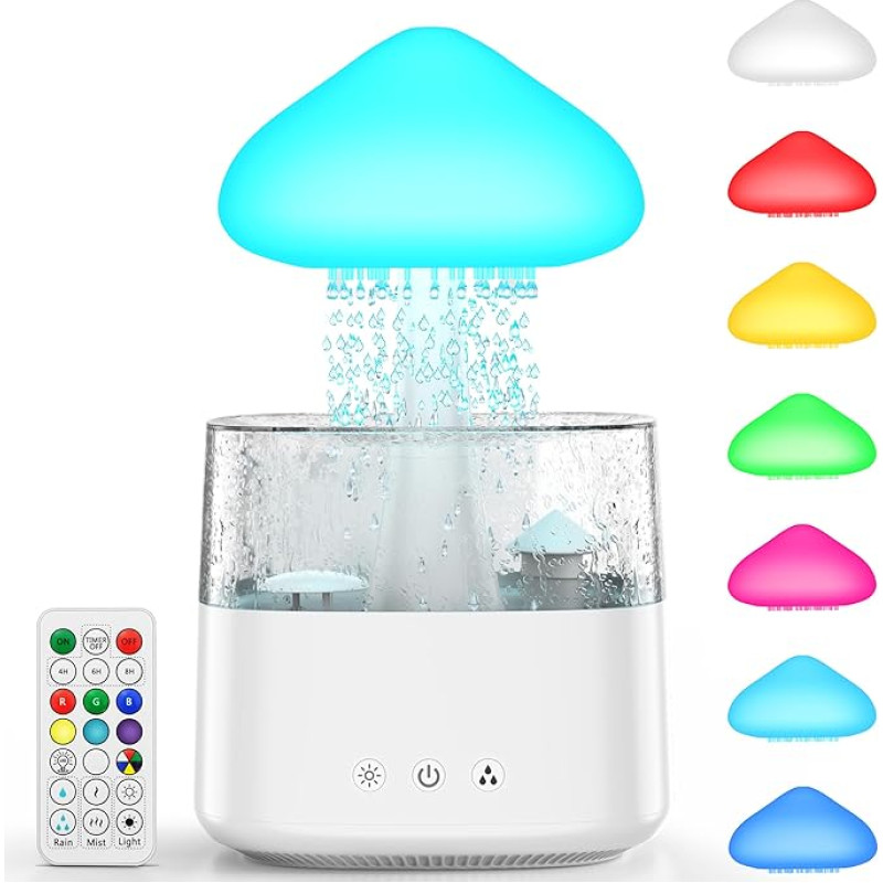 Rain Cloud õhuniisutaja 450 ml veetilgutusega seenekompressor koos kaugjuhtimispuldiga 3 režiimi ja 7 värviga, LED tuled aroomi difuusor valge müra vihmapiisade niisutaja magamistoas