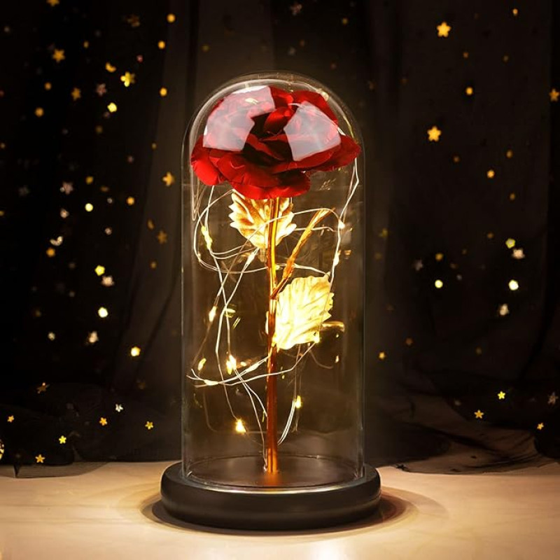 Joyhoop Red Eternal Rose, Beautiful Rose and the Beast, Glass Rose with Pink LED Lights, Gift Ideas for Women, Birthday, Mother's Day, Anniversary, Gifts for Her