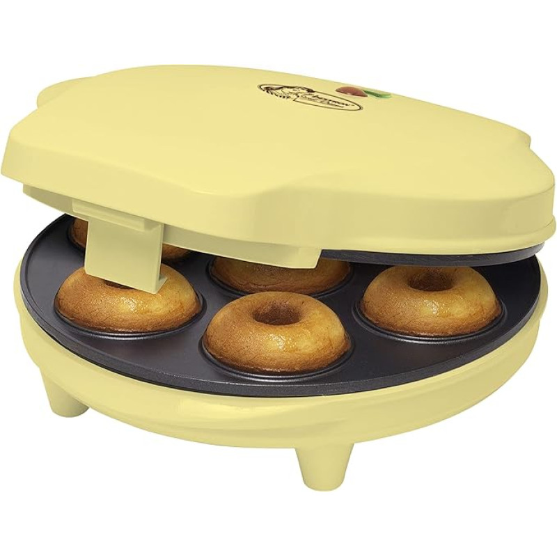 Bestron Doughnut Maker retro disainiga, Mini Doughnut Maker 7 väikesele donitile, koos küpsetuspliidi ja mittekleepuva kattega, 700 vatti, värv: kollane