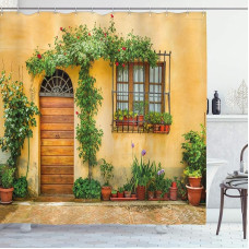 ABAKUHAUS Itaalia dušikardinad, Toscana City Life kangas kangast vannitoa dekoratsioonikomplekt konksudega, 175 x 220 cm, aprikoosiroheline pruun