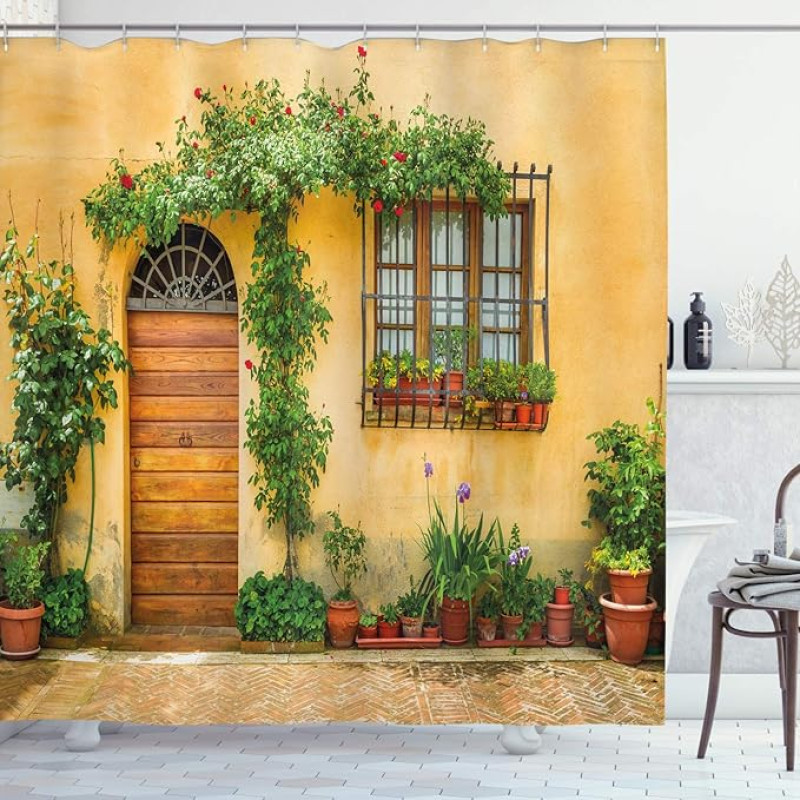 ABAKUHAUS Itaalia dušikardinad, Toscana City Life kangas kangast vannitoa dekoratsioonikomplekt konksudega, 175 x 220 cm, aprikoosiroheline pruun
