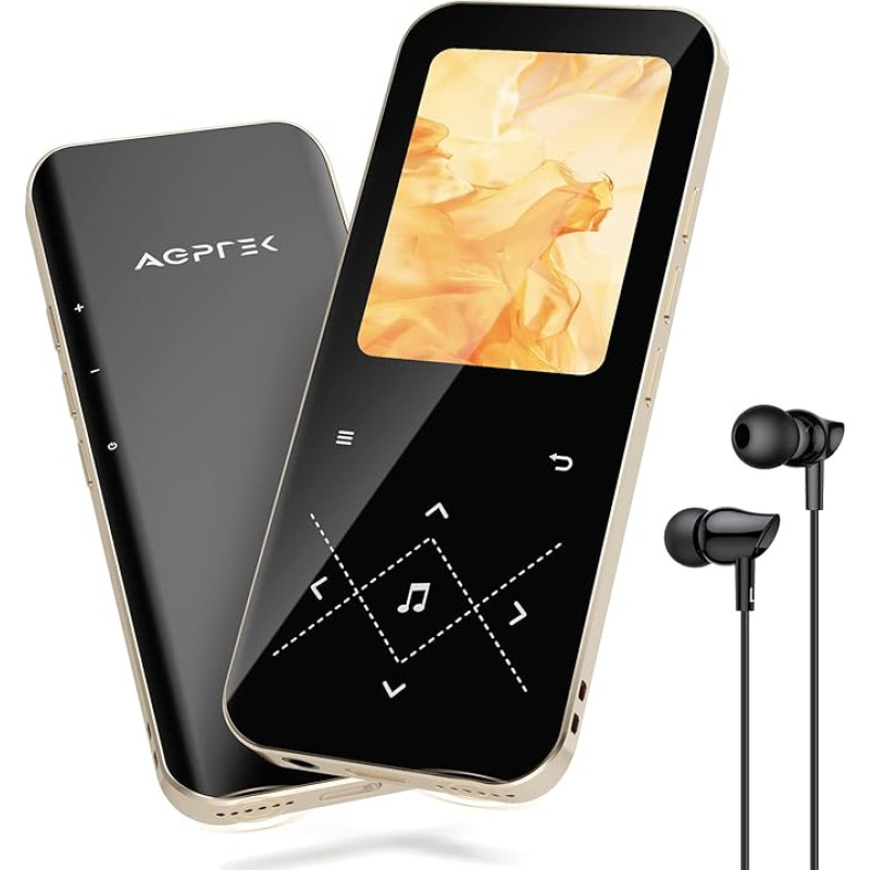 AGPTEK MP3 Player Bluetooth 5.3, 32 GB HiFi Sound Music Player with 2.4 Inch TFT Colour Screen, Headphones, Speakers, Touch Buttons, FM Radio, E-Book, Recording, Supports TF-128GB, Black Gold