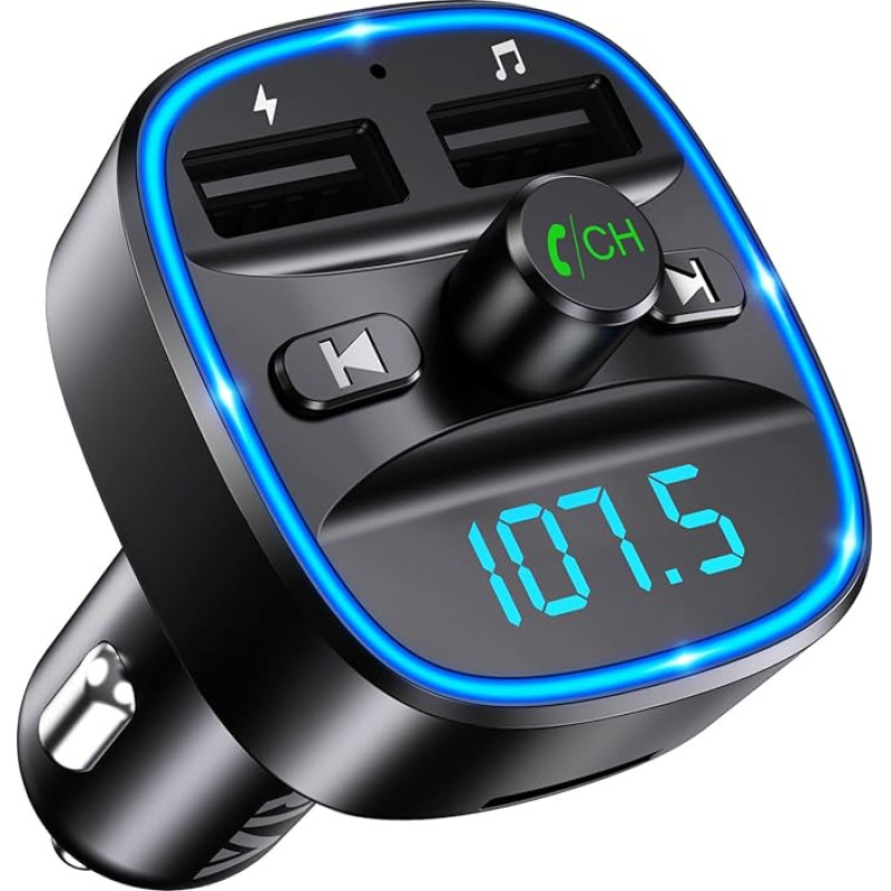 Oria Bluetooth FM Transmitter, Car Radio Adapter With Microphone and 2 USB Chargers