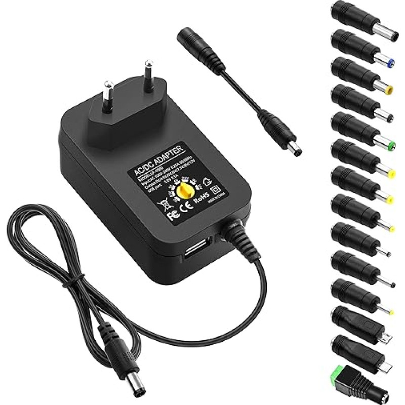 ALITOVE 30 W Universal AC/DC Adapter Switching Power Supply with 14 Pieces Adapter Tips and USB Plug Universal Power Supply for 3V-12V Household Electronics 2500mA Max