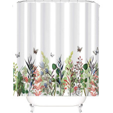 M&W DAS DESIGN Shower Curtain Colourful Flowers Butterflies Plants Bathroom Textile Curtain Anti-Mould Washable Leaves Shower Curtain Bath with 12 C-Rings Weight Bottom Multicoloured Floral