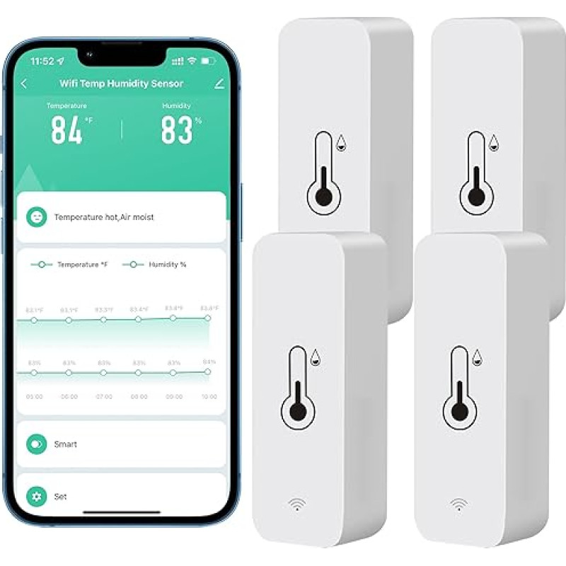 Comboss WiFi hügromeeter/termomeetri andur, traadita temperatuuri ja õhuniiskuse andur sise- ja välitingimustes kasutamiseks koos kaugjuhtimissignaaliga, töötab koos Tuya rakendusega, 4 komplekti