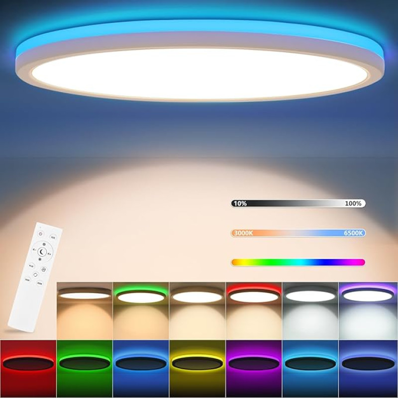 RDGOOD 24 W RGB LED laevalgusti dimmitav koos kaugjuhtimispuldiga, 2400 LM laevalgusti dimmitav 3000 K - 6500 K, tagumine valgustus RGB värvimuutus elutuppa lastetoas magamistuppa kööki keldrisse