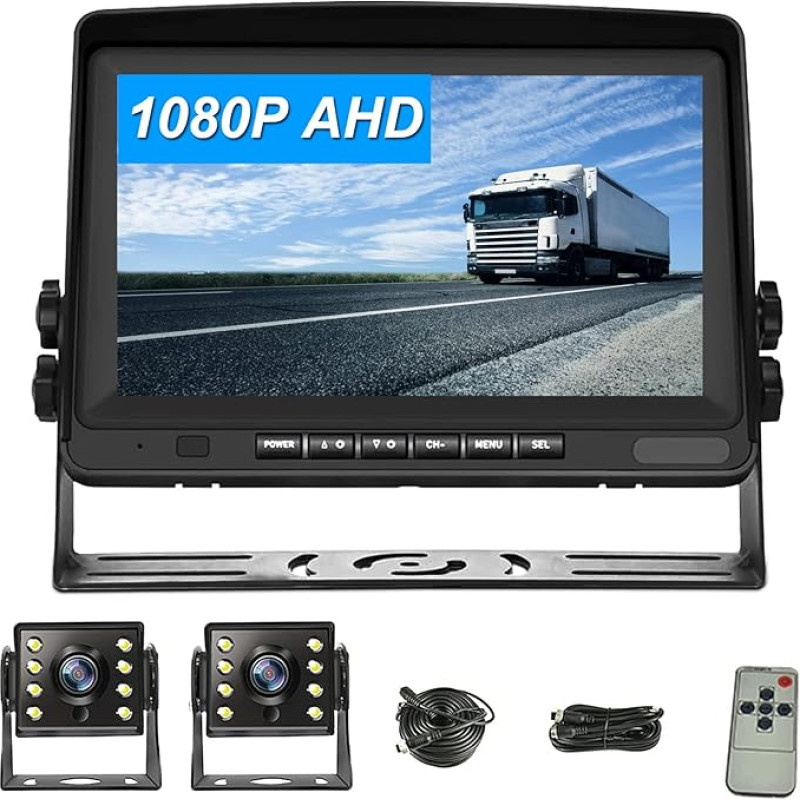CAMECHO RV tagurduskaamera komplekt 8-tollise LCD monitoriga + AHD 1080P tagantvaate kaamera x 2 öövaatega IP69 veekindel veoauto/haagis/buss/auto/põllumajandus 5 m + 15 m kaabliga