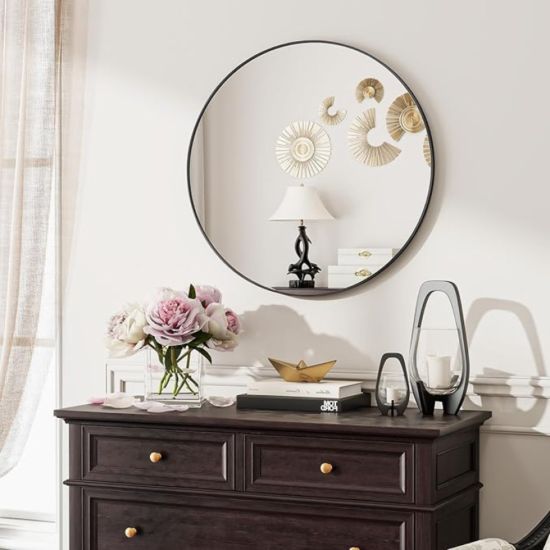 Koonmi 60 cm Round Mirror Black Mirror Round Wall Mirror with Aluminium Alloy Frame for Bathroom, Washbasin, Living Room, Bedroom, Entrance Wall Decoration
