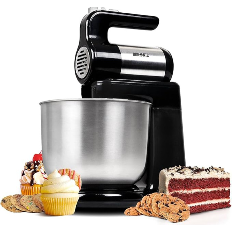 Duronic SM3 Electric Food Processor 300 W, 2-in-1 Stand Mixer with 4L Stainless Steel Bowl, Hand Mixer, Kneading Machine, Dough Machine, Hand Mixer, Mixer for Baking, Cream, Dough, Sauces, Desserts