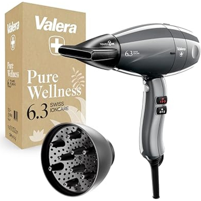 Valera, Swiss Ioncare 6.3 Professional Hair Dryer, Quiet Hair Dryer with Ion Generator, 3 Temperature Levels, Cooling Button, Twist-Proof Cable, 2000 W, Grey