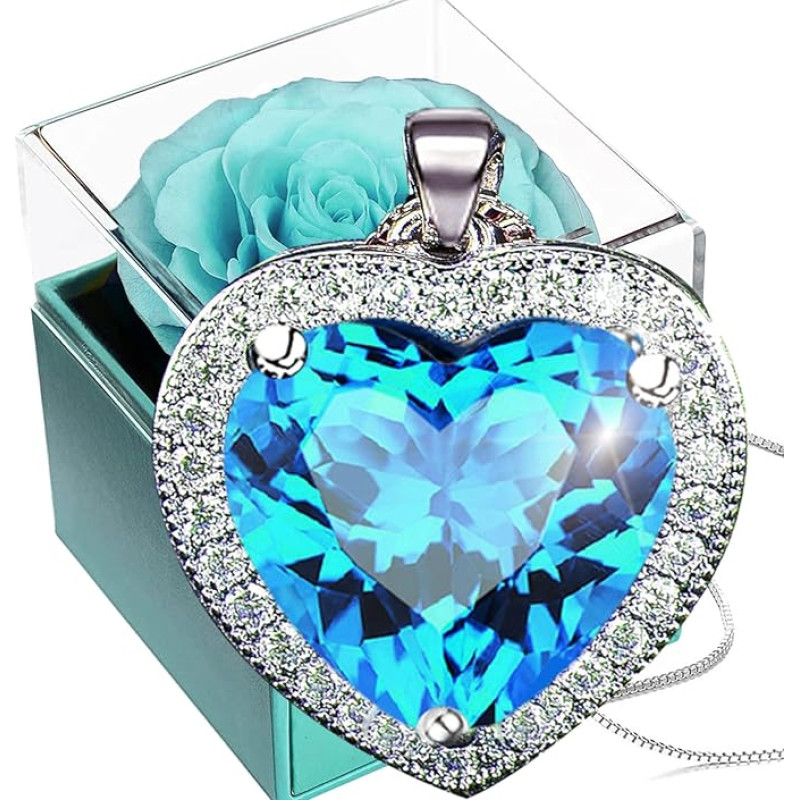 SWEETIME Eternal Rose with Chain Silver 925, Preserved Real Rose with Women's Crystal Heart Necklace, Eternal Rose Necklace, Infinity Rose Box Gift Mother Girlfriend Women