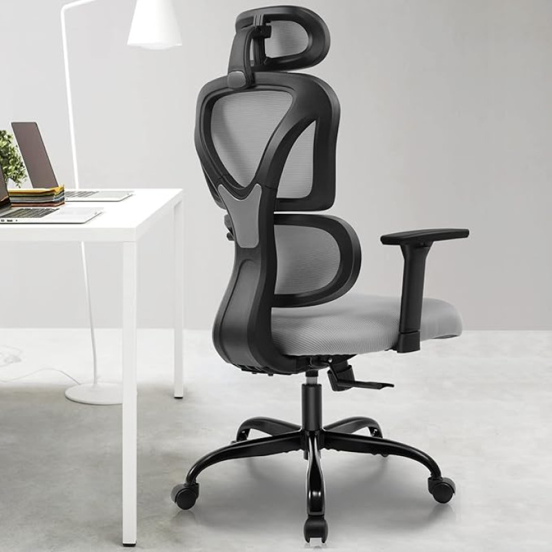 KERDOM Office Chair Ergonomic Desk Chair with Adjustable Headrest, Armrests, Lumbar Support, Against Back Pain 150 kg / 330 lb Load Capacity (Grey)