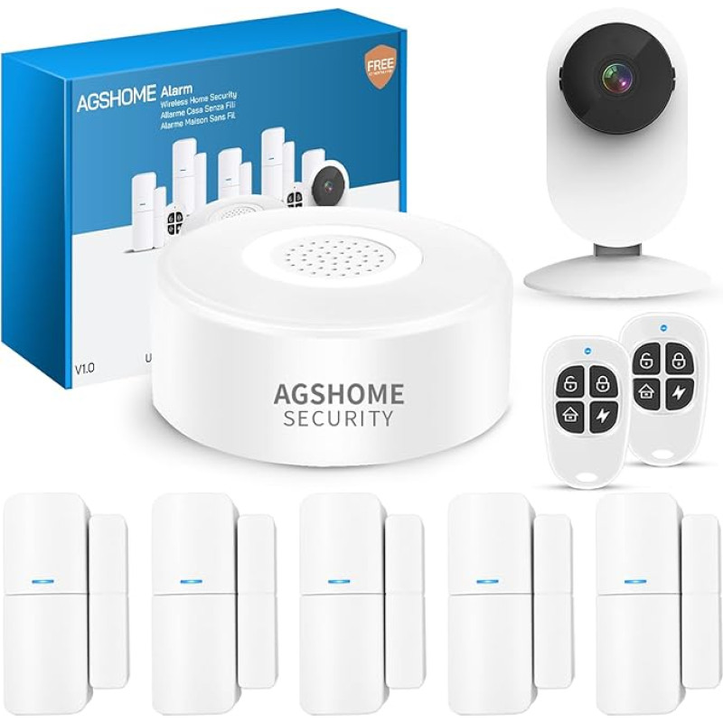 AGSHOME Wireless Home Alarm with Camera1080P for Intelligent Security Scenarios, 120dB Smart Home Alarm 2.4GHz Wireless Alarm System with Camera, 9 Pack Compatible with Alexa