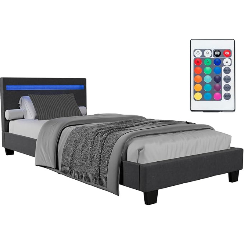 Juskys Verona Upholstered Bed 90 x 200 cm with LED Lighting, Slatted Frame and Headboard, Bed with Wooden Frame and Woven Fabric Cover, Grey