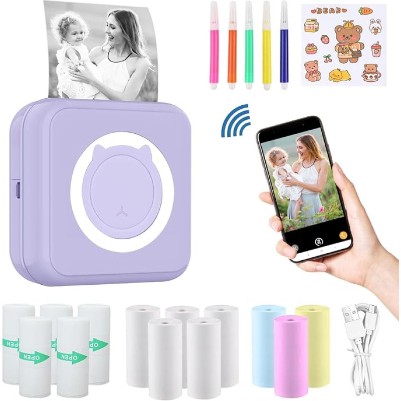 ZAKVOP Mini Printer nutitelefonile, Mini Portable Photo Printer, Mini Pocket Printer, Bluetooth termoprinter iOS ja Android, kleebisprinter päeviku, märkmete, nimekirja, memo jaoks - Lilla