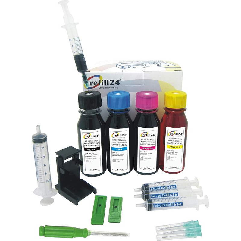 refill24 Täiendav komplekt: Tindid 400 ml ühilduvad Canon PG-560 PG-560 XL CL-561 CL-561 XL must ja värviline + tarvikud + juhised PIXMA TS5350 TS7400 TS7450 jaoks.