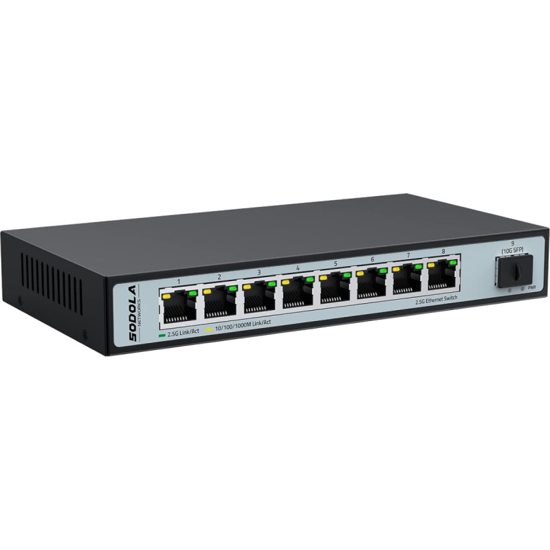 SODOLA 8-portiline 2,5G võrgukommutaator 10G SFP+, 60 Gbps lülitusvõimsus, Plug & Play, seinale paigaldatav, metallist korpus, Multi-Gigabit haldamata võrgukommutaator