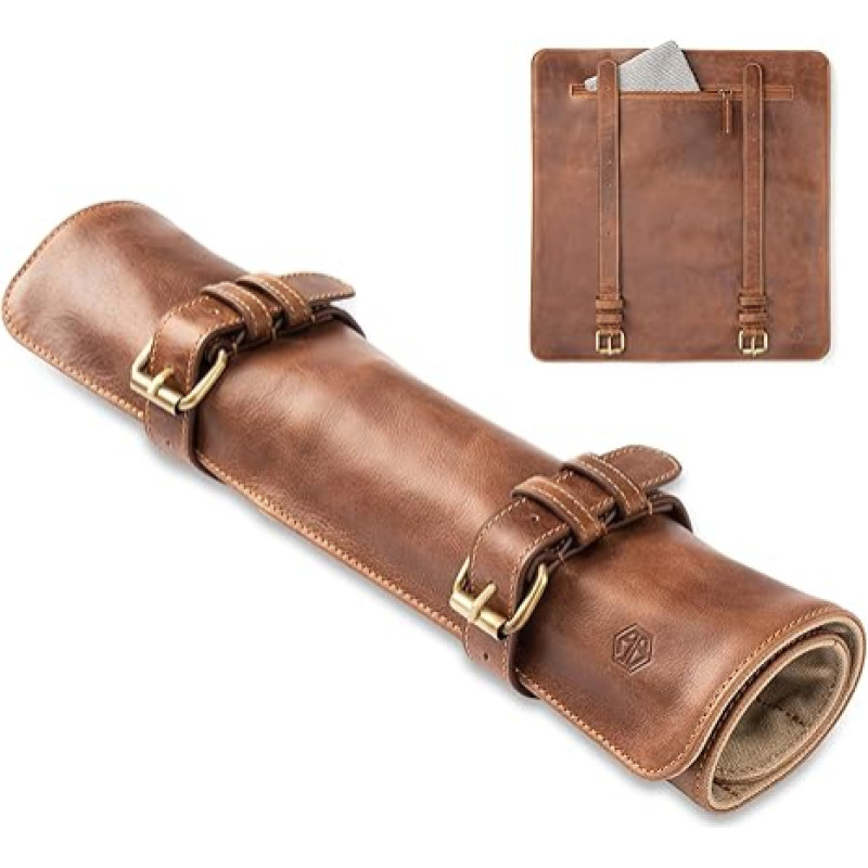 Angus Stoke Leather Knife Bag for Chefs | Chef's Knife Roll Large | Knife Bag for Chef's Knives with Extra Compartment & Zip | Cooking Bag Sören, mahogany, Knife pocket