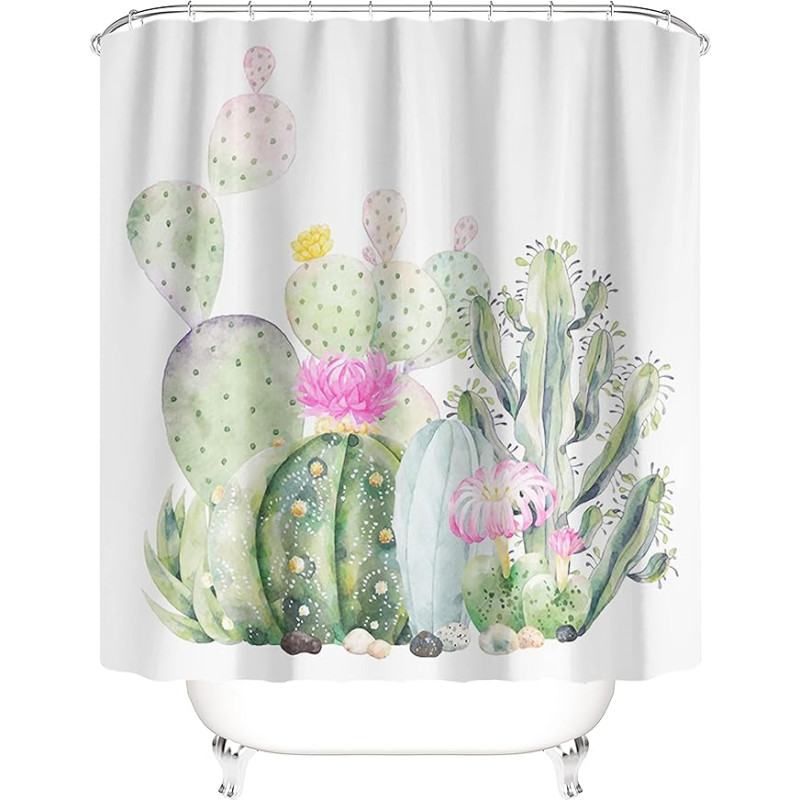 M&W DAS DESIGN Shower Curtain Green Cactus Pink Flowers Painting Plants Textile Curtain Mould Resistant Fabric Washable Mexican Tropical Shower Curtain Including 12 C-Rings Weight Bottom
