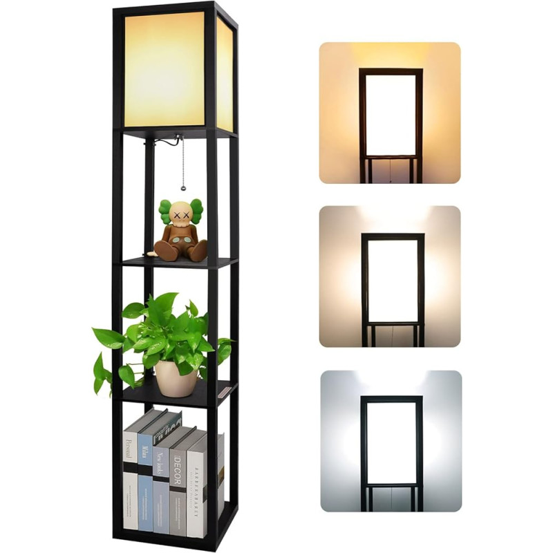 Wooden Floor Lamp with Shelf 3 Colour Temperatures 3000-5000 K, Wooden Shelf with E27 Socket, Corner Shelf Lighting Retro for Living Room Bedroom Office (Bulbs Included)
