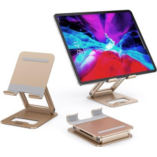 Minthouz Tablet Stand, Adjustable and Foldable Tablet Holder, Aluminium Tablet Holder with Non-Slip Pads, Compatible with All 4.7 - 12.9 Inch Smartphone/E-Reader/Tablet/Ultrabook - Golden