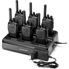 Walkie Talkie PMR446 raadioside komplekt, pofung PT88E 16 kanaliga tasuta raadioside käsiraadio sisseehitatud LED-tulelatern Walki Talki laetav 6-kanaliline laadija baas peakomplekt (must, 6-st komplekt)