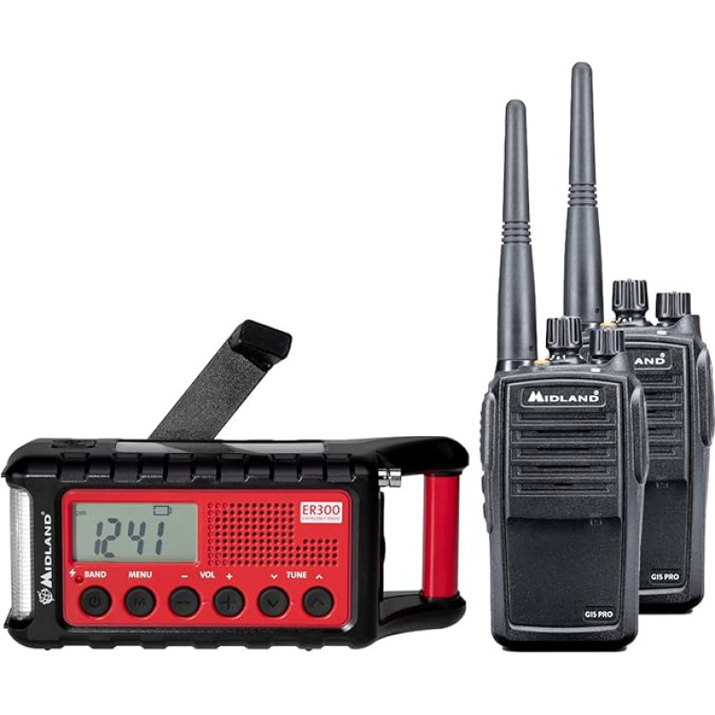 Midland PMR Premium hädaabikomplekt: G15 Pro raadioside + väntraadio koos kohvriga, laadijad, akud, 29612 SOS morsekoodifunktsiooniga, ultrahelipill ja päikesepaneel.