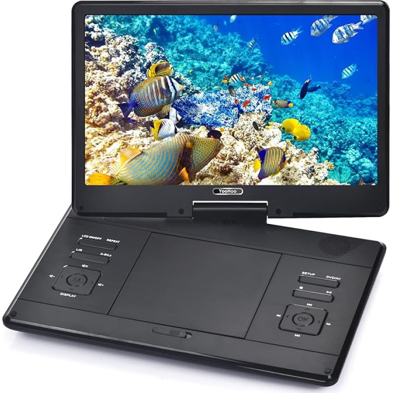 YOOHOO 16,9-tolline kaasaskantav DVD-mängija 14,1-tollise suure pöördekraaniga, laetava akuga, mobiilne DVD-mängija lastele, sünkroontelevisioon, USB SD-kaardi tugi koos autolaadijaga (must)