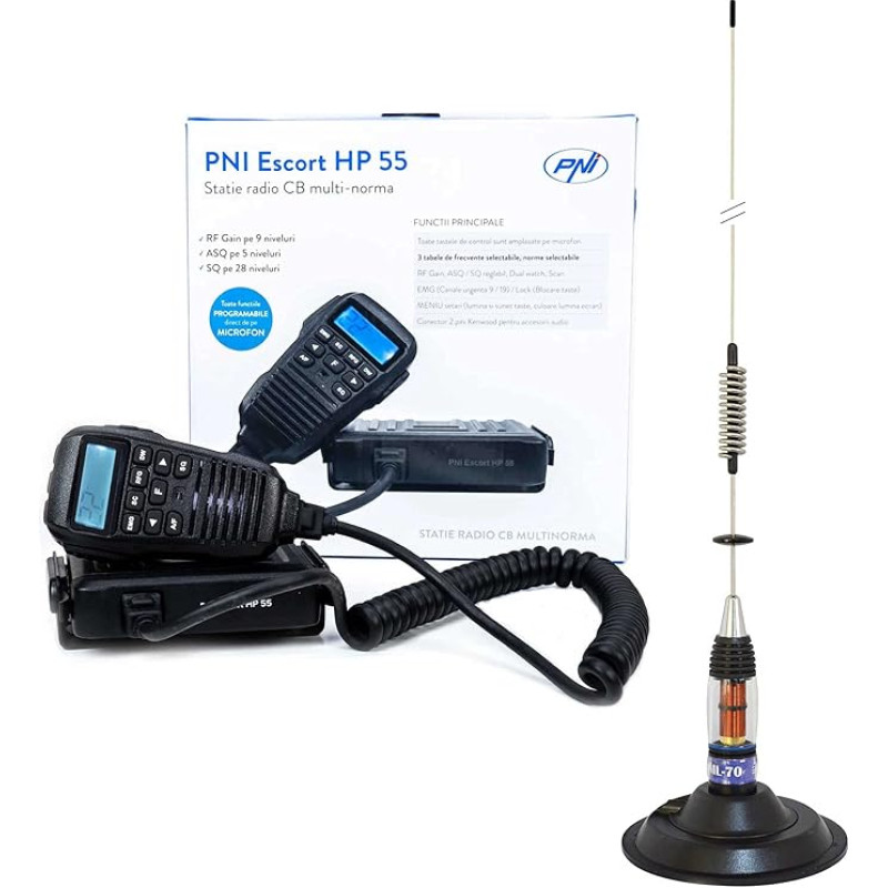 CB-raadio PNI Escort HP 55 ASQ koos CB-antenniga PNI ML70 ja 145 mm magnetilise alusega.