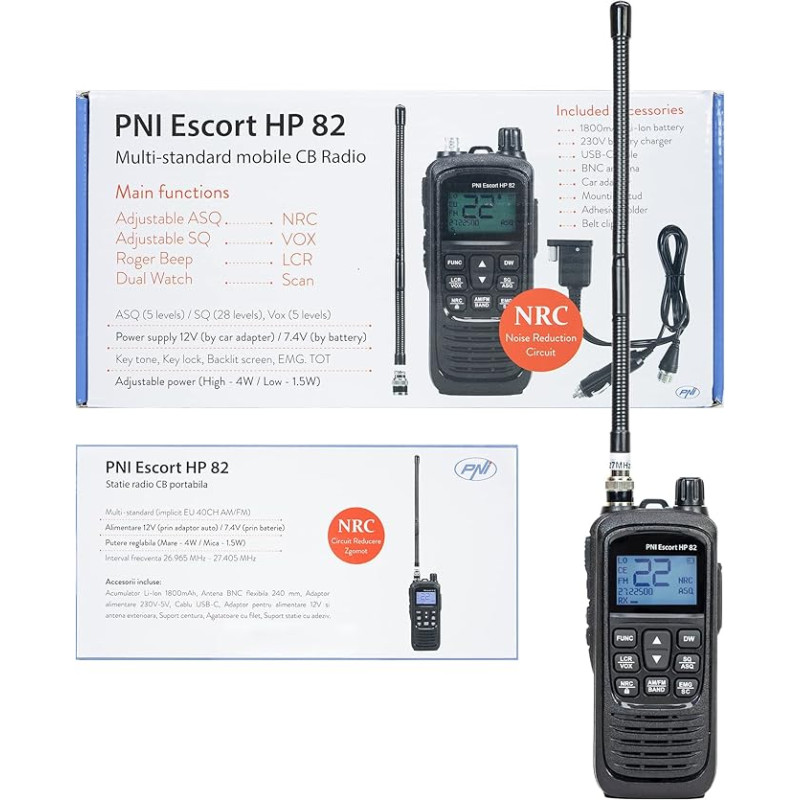 Kaasaskantav CB raadiojaam PNI Escort HP 82, Multistandard, 4W, 12V, AM-FM, NRC, Dual Watch, Roger Beep, Reguleeritav ASQ SQ, VOX Must