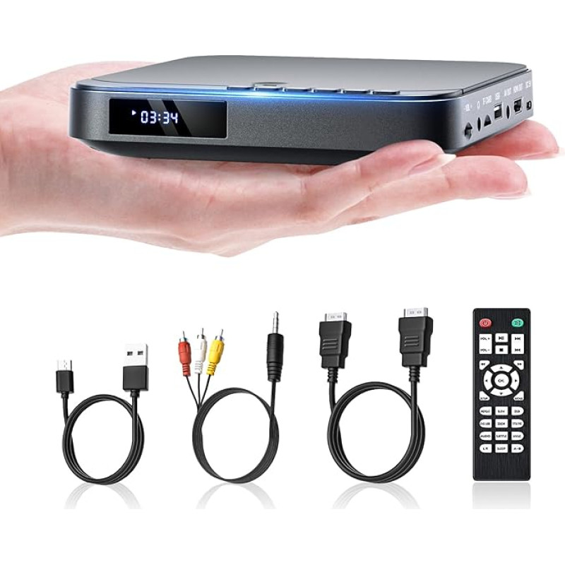 Mini DVD mängija, DESOBRY DVD mängija telerile, HD 1080P DVD mängija HDMI kõigi piirkondadega, USB/TF kaardi sisend, kaugjuhtimispult, toetab PAL/NTSC režiimi.