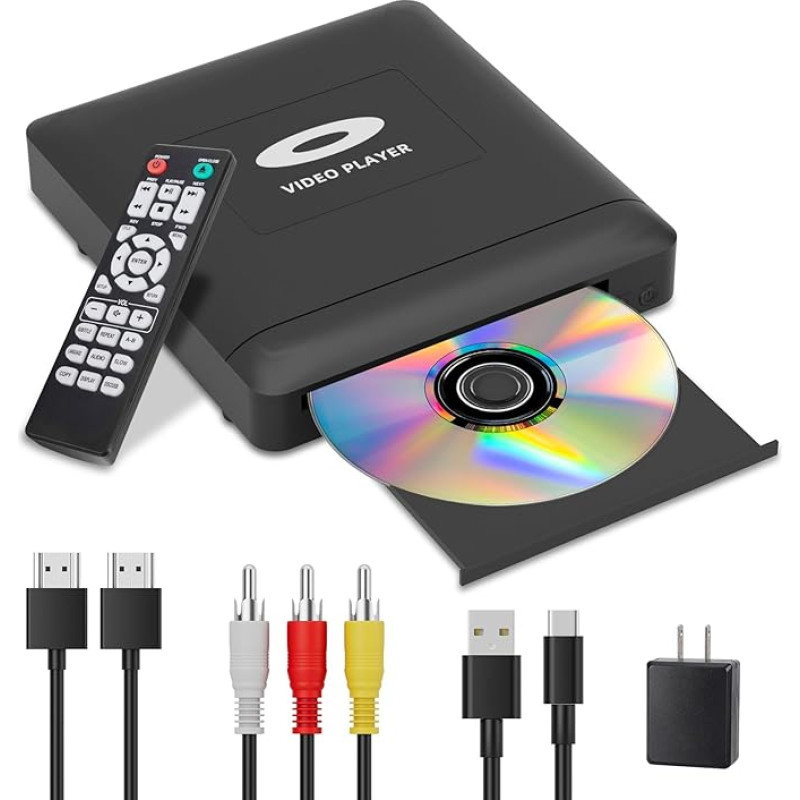 Mini HD DVD mängija HDMI, 1080P Region Free DVD mängija Smart TV-le, HDMI/RCA väljundkaabel kaasas, madalam müra, sisseehitatud PAL/NTSC, CD mängija koju