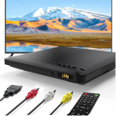 DVD-mängija telerile koos HDMI-ga, kõik piirkondlikud DVD-mängijad NTSC/PAL süsteemiga, CD-mängija koduse stereosüsteemi jaoks, HDMI/RCA-kaabel kaasas, kaugjuhtimispult (ilma patareita)