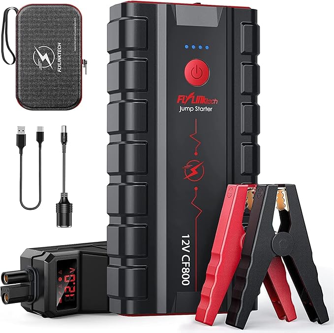 FLYLINKTECH Jump Starter Power Bank, 5000 A Car Jump Starter for 12 V Vehicles (up to 10 L Petrol/9 L Diesel), Starter Power Bank with LED, 2 Quick Charge USB Outputs, DC Output, Jump Leads
