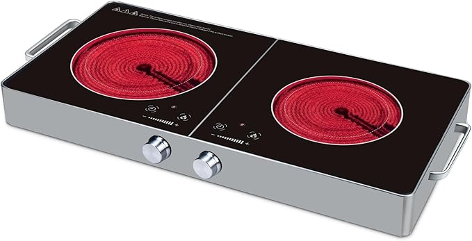 Silver Style - Ceramic Glass Hob with 2 Hobs - 3000W Timer Electric Cooker with 10 Positions Handles, Durable Finish, Double Infrared Hob, Stainless Steel Finish (Duo)