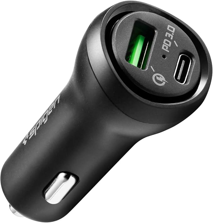 Spigen Essential 45W PD 2 Port Car Charger USB C Power Delivery Cigarette Lighter Compatible with iPhone 15 14 13 12 Mini SE 2020 11 X XR XS Max iPad Pro Galaxy S24 S23 S22 S21 S20 S10 Plus