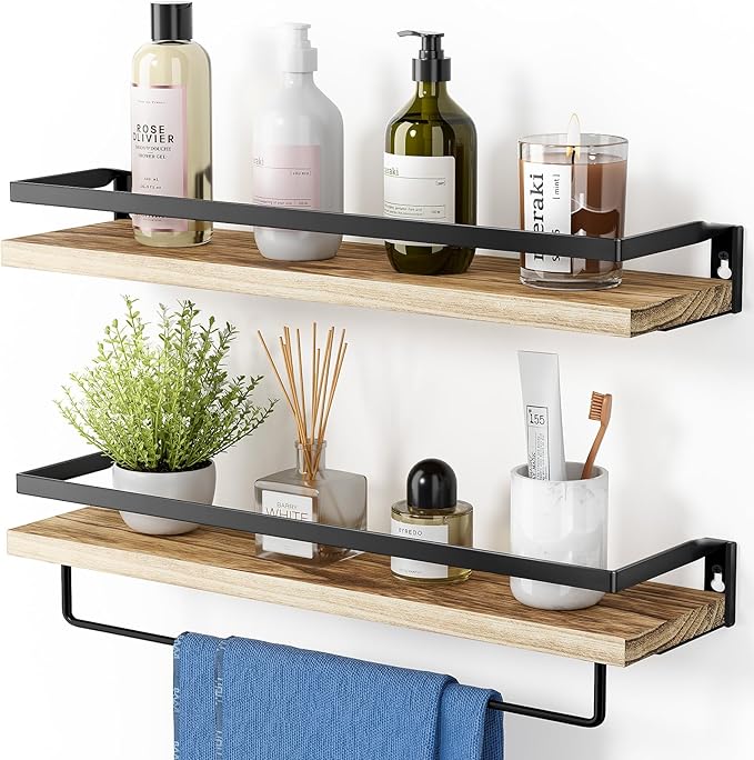 AMADA HOMEFURNISHING Wooden Wall Shelf, 42 cm, Shelf with Towel Rail, Floating Shelf, Set of 2, Rustic Shelf Wall for Bathroom, Bedroom, Living Room, Kitchen, Home Office, Laundry Room