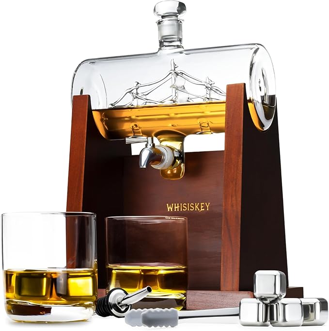 WHISISKEY Whisky Carafe Set - Whiskey Gift Set - Gifts for Men - Men's Gifts Gift - Birthday Gift Man - Ship Decanter 1100 ml, Gift Box, 2 Whisky Glasses, 4 Whisky Stones