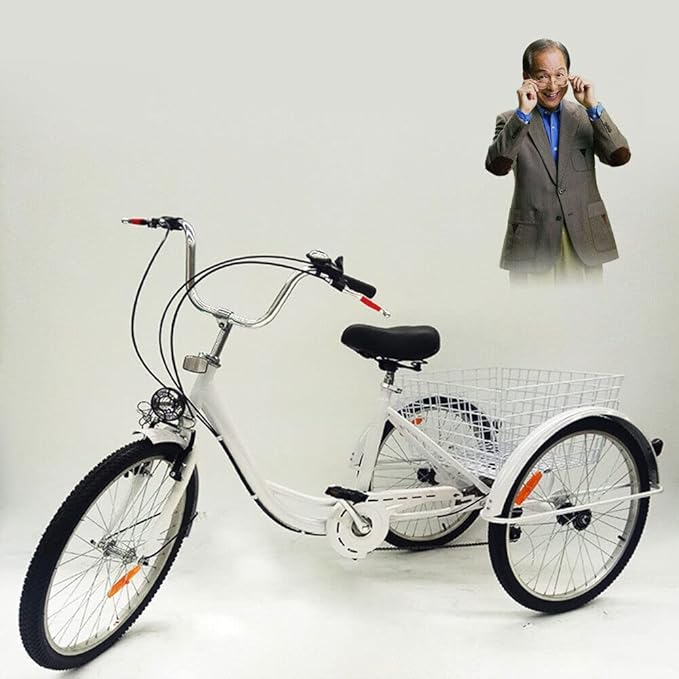24 Inch 3 Wheel Adult 6 Speed Bicycle Tricycle with Light and Shopping Basket, Suitable for Female Male Older for Leisure and Shopping