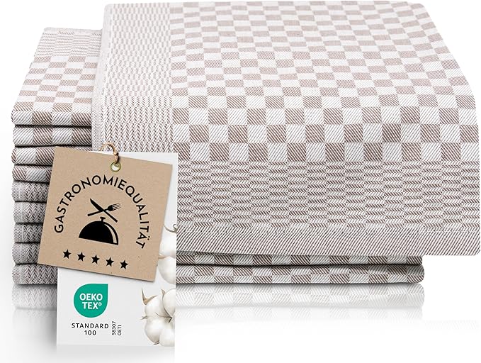 ZOLLNER Set of 10 Tea Towels, Cotton, 46 x 70 cm, Super-Absorbent and Durable Dishcloths, Washable up to 60 °C, Brown/Chequered, Catering Quality, OEKO-TEX®-Certified