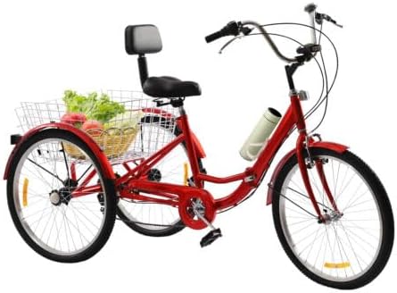 awolsrgiop Tricycle for Adults 24 Inch Foldable 3 Wheels 7 Speed Adult Bicycle Tricycle Bicycle Tricycle Bicycle Cruise Bikes with LED Light Vegetable Basket Cup Holder