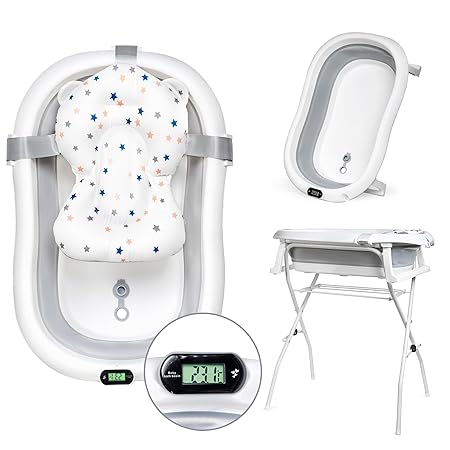 moovkee. Baby Bath with Frame 80 cm - Baby Bathtub Foldable with Thermometer and Bath Pillow - Baby Bath with Stand Safe for Your Baby - Baby Bath Newborn