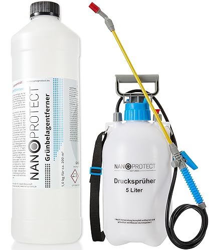 Nanoprotect Green Growth Remover Concentrate, Algae Remover and Facade Cleaner, No Pressure Washer Required, Ideal for Paving Stones and Walkways, 1 kg + Pressure Sprayer for up to 200 m²