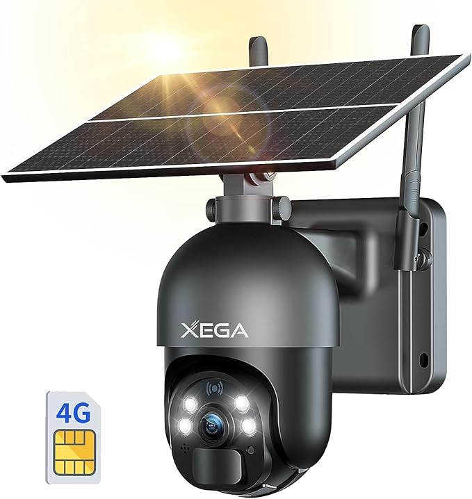 Xega 3G/4G LTE Outdoor Surveillance Camera with SIM Card Wireless Solar PTZ IP Camera Outdoor with 2K Colour Night Vision 355°/95° Swivelling TF Card Slot PIR Detection 2-Way Audio IP66 Waterproof