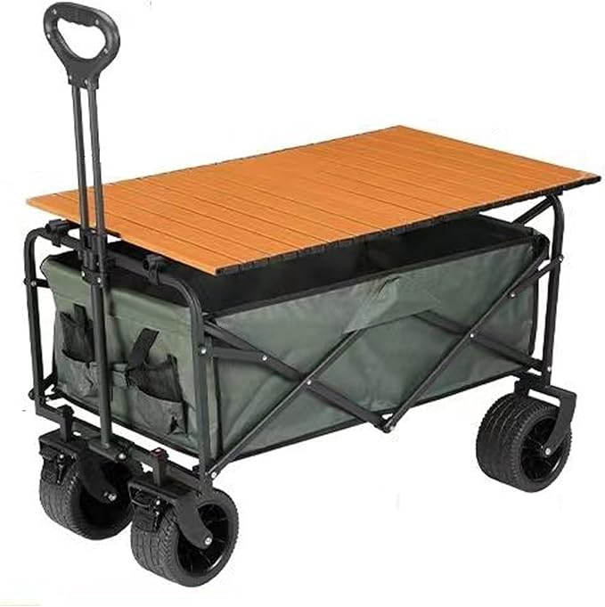 NauaVa Foldable Beach Wagon Trolley with 10 Inch Wheels, 450 lbs Heavy Duty Folding Trolley for Camping, Garden, Shopping, Food, Aluminium Table Top, Brown (Green)