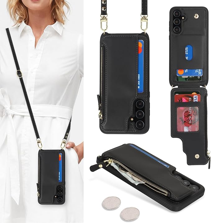 SailorTech Mobile Phone Case for Samsung Galaxy A35 5G Case with Card Slot, Samsung Galaxy A35 5G Case with Adjustable Necklace, Samsung A35 5G Mobile Phone Case with Zip Wallet Black